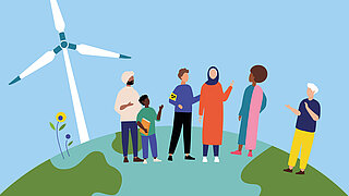Illustration: six people are standing on a globe and are discussing; in the background there is a wind turbine and a sunflower. 
