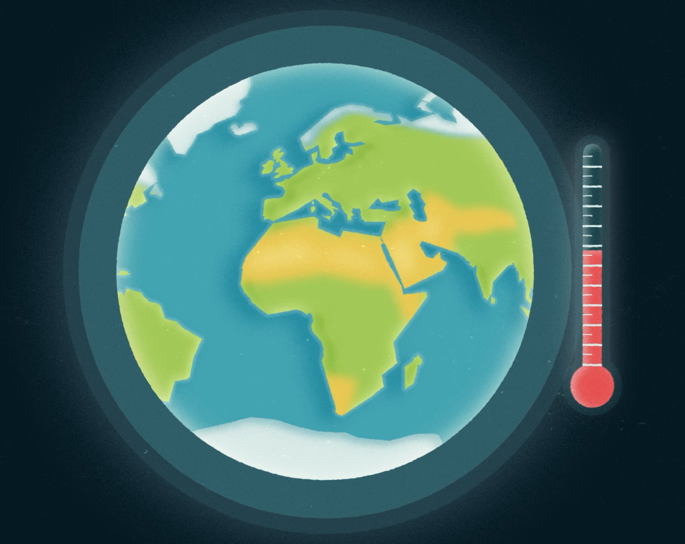 Screenshot from the IKI film. A drawn globe, next to it a thermometer