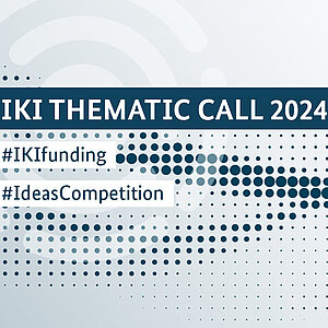 Ankündigung für den IKI-Themencall 2024, mit den Hashtags #IKIfunding und #IdeasCompetition. Das Bild zeigt eine wellenförmige Anordnung von blauen Punkten und oben rechts das IKI-Logo, das für die Internationale Klimaschutzinitiative steht.