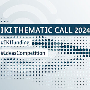 Announcement for the IKI Thematic Call 2024, highlighting the hashtags #IKIfunding and #IdeasCompetition. The image includes a wave-like arrangement of blue dots and the IKI logo, representing the International Climate Initiative, in the top right.