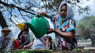 A woman waters plants in a garden with a green watering can, accompanied by other women under a tree.