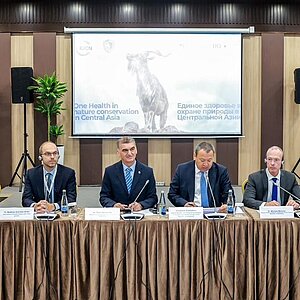 6 Menschen sitzen auf einem Podium. Dahinter ist eine Leinwand zu sehen, auf der eine Präsentation mit einem Steinbock läuft. 