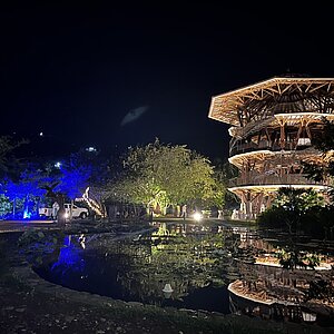 A large, multi-story wooden building with a hexagonal shape is brightly lit at night, its structure reflected in a pond in the foreground. The surrounding area includes trees illuminated in blue and white lights, while a few people can be seen walking near the building. The sky is clear and dark, creating a peaceful atmosphere.