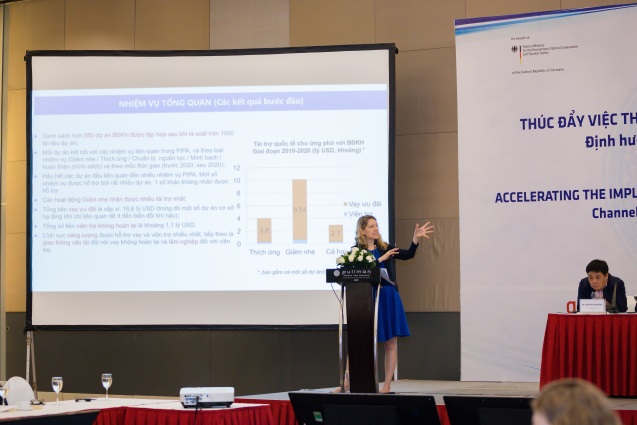 Präsentation des Monitoring-Rahmens für den Umsetzungsplan des Pariser Abkommens (PIPA) in Vietnam von Anna Pia Schreyögg, Leiterin des GIZ-Projekts; Foto: © GIZ Vietnam