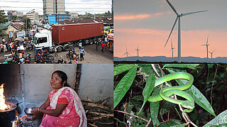 Bildcollage aus vier Bildern mit den Themen Urbanität, Windenergie, Armutsbekämpfung und Biodiversität